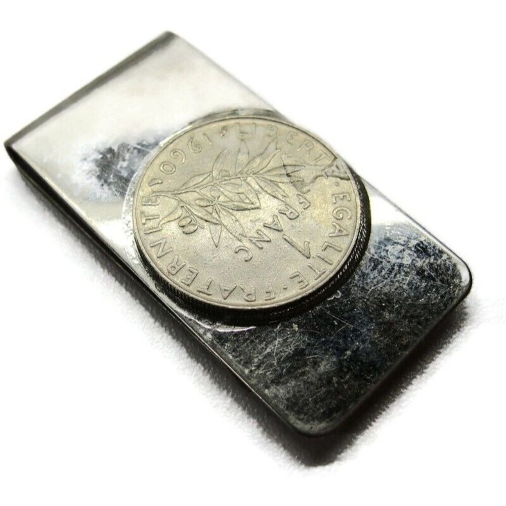 1960 One Franc Coin Money Clip Stainless Steel Wallet Credit Card Cash ID Holder